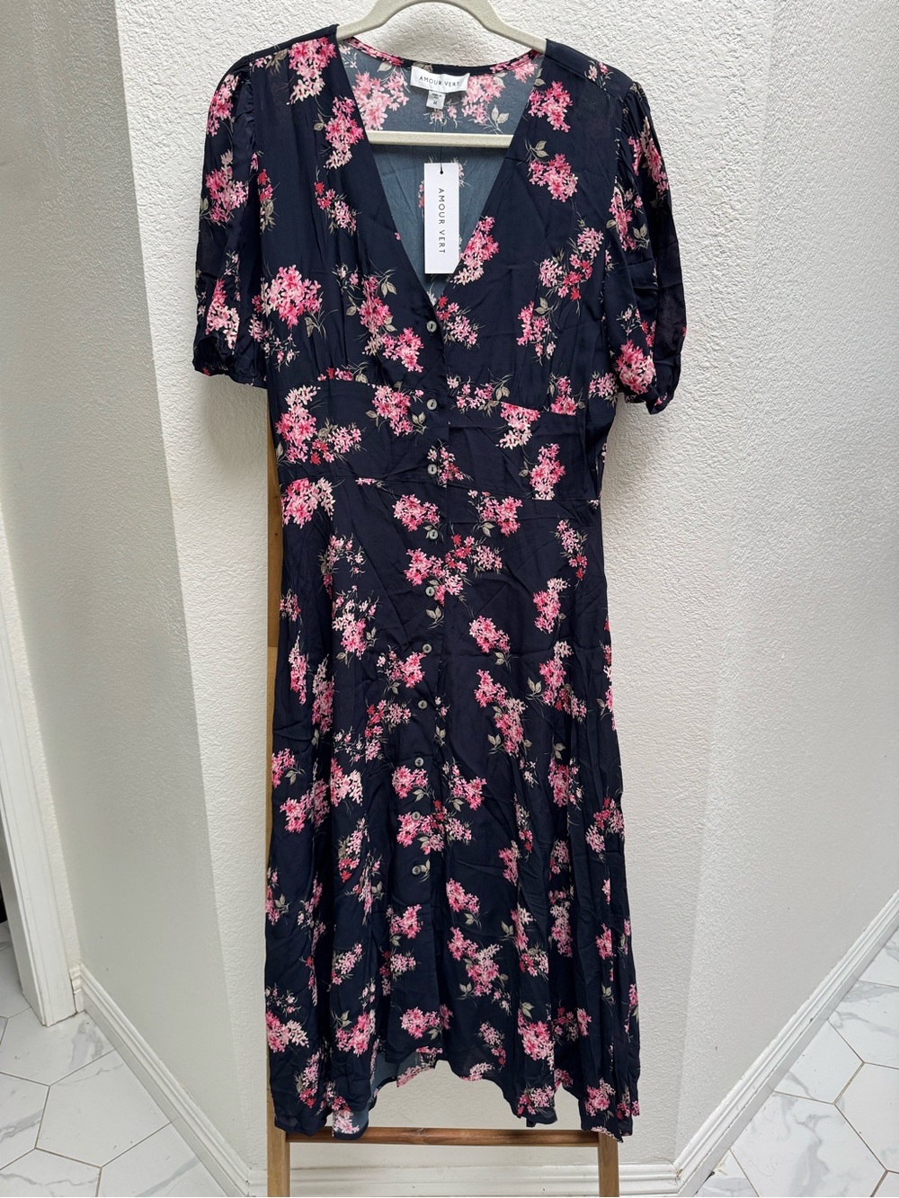 NWT Amour Vert Navy Midi Dress w/ Pink Floral Print Button Up Short Sleeve $258